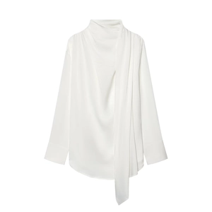 Elegant white satin long sleeve blouse featuring a scarf collar neck and a loose fit cut