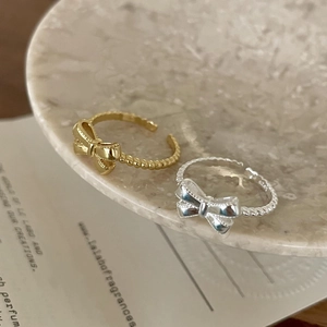 925 Sterling Silver Bowknot Ring Adjustable Beaded Band Elegant Minimalist Jewelry For Women