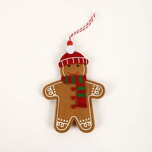 Felt gingerbread man ornament with red scarf and hat on Christmas tree string