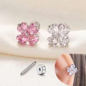 Four Leaf Clover Cartilage Stud Earrings Heart Pink White Zircon Titanium Steel Copper Screw Back Sweet Style Women