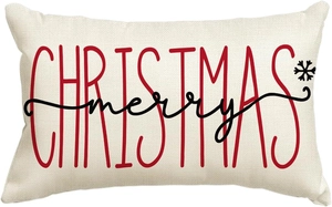 Minimalist beige linen Merry Christmas pillow cover with red and black festive text