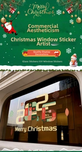 Close-up of UV Christmas window stickers featuring 2025 trees and festive decor