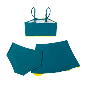 Three-piece girls' dark teal swimsuit set with adjustable straps and yellow details