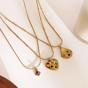 Gold stainless steel necklace with shell and heart colorful gemstone pendants