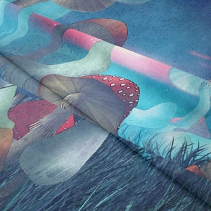 Macro shot of bohemian mushroom tapestry fabric showing soft texture and artistic draping
