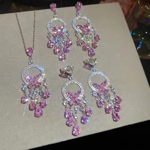 Butterfly Tassel Necklace Earring Jewelry Set Copper Zircon Waterdrop French Elegant Style With Silver Earring Post