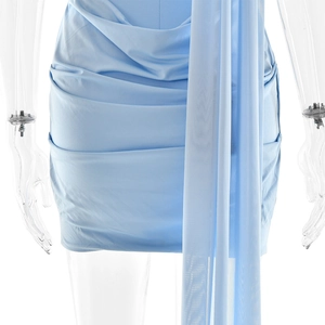 Detail of light blue mesh mini dress featuring ruching and a long side streamer