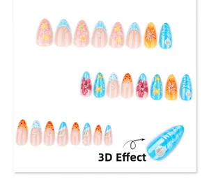 Detailed view of 3D tropical flower press-on nails with ocean elements and pearls