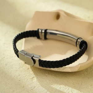 Customizable braided black leather bracelet with silver curved metal plate for men and women