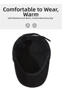 Close-up of winter flat top military cap with thick ear flaps and warm lining