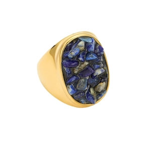Vintage stainless steel gold ring with oval blue lapis lazuli stone inlay on white background