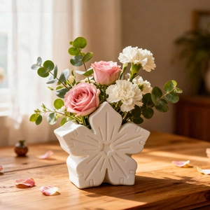 Modern white ceramic flower vase with five-petal shape and ribbed texture for home decor