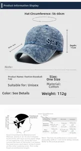 Sizing chart for distressed denim baseball cap showing head circumference measurements