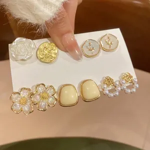 Elegant 6-pair gold flower and pearl stud earring set with vintage French design