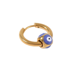 Golden stainless steel hoop earrings with blue evil eye pendant for a minimalist style