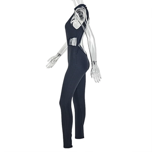 Side view detail of a slim fit black jumpsuit with side cut-outs and a high neckline