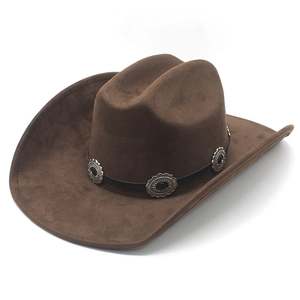Classic brown suede western cowboy hat with decorative silver floral buckles and leather band