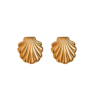 Minimalist golden seashell stud earrings made of stainless steel on white background