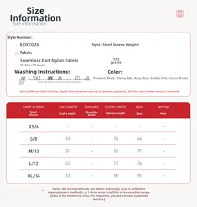 Size chart for seamless short sleeve yoga top with measurements for bust and length