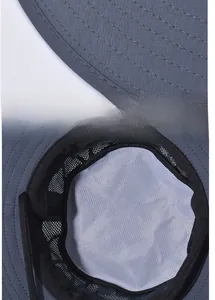Detail view of reinforced stitching on brim and breathable mesh lining for outdoor sun hat