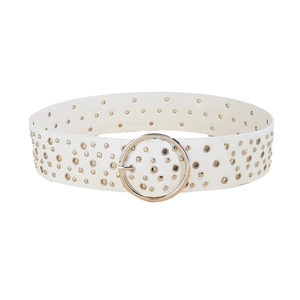 White PU leather belt with gold metal studs and round buckle on a white background