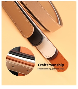 Close-up of smooth oil edges and precise stitching on multiple colorful faux leather belts