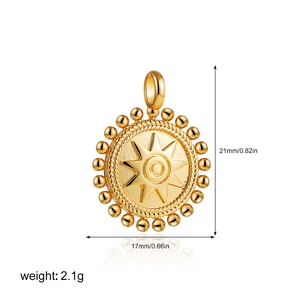 Detailed view of a round 18K gold starburst pendant with dimensions and weight specs