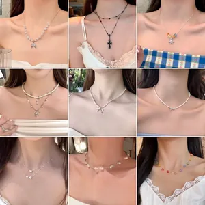 Aesthetic Faux Artificial Pearl Necklace For Women Alloy Butterfly Cross Starfish Pendant Vintage Layered Choker Elegant Jewelry