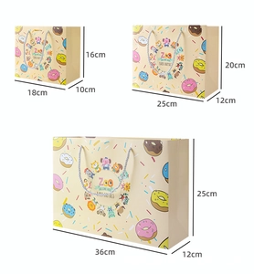 Three sizes of cartoon zoo animal gift bags with dimensions in centimeters on white background