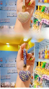 Detail of luxury rhinestone heart keychain with sparkling crystals and silver ring