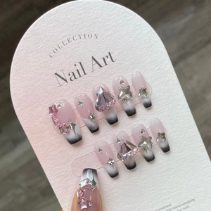 Handmade Press On Nails Pink Black French Gradient Y2K Heart Rhinestone Star Glitter Sweet Cool Style For Women