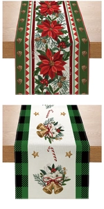 Detail of Christmas table runners with poinsettia pinecone and golden bell prints
