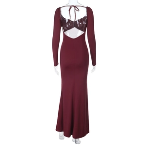 Detail of burgundy backless long-sleeve dress with tie-up design and slim fit material