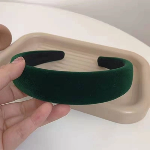 Elegant dark green velvet wide headband for women featuring thick padded sponge design