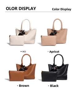 Four-color display of woven tote bags featuring a bulldog charm and matching pouch
