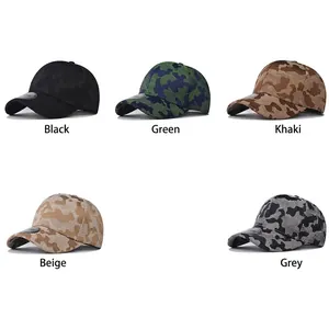 Camouflage baseball caps in black, green, khaki, beige, and gray with woven texture