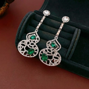 S925 silver gourd drop earrings with sparkling diamonds and emerald green gemstones