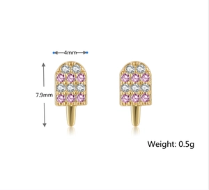 Detail view of lollipop earrings with dimensions 4mm by 7.9mm and 0.5g weight info