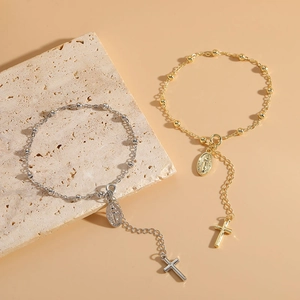 Rosary Bracelet Copper 14K Gold Plated Cross Pendant Virgin Mary Medal Adjustable Bead Chain Religious Fashion Jewelry