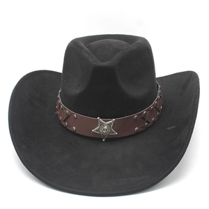 Detail of black suede cowboy hat with brown leather band, metal studs and star badge