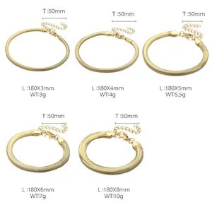 Size comparison chart for gold snake chain bracelets showing different widths and weights