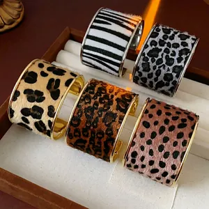 Wide Cuff Bracelet Leopard Print Alloy Faux Fur Flocked Pony Hair Texture Animal Pattern Fashion Jewelry For Women