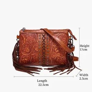 Vintage brown bohemian PU leather shoulder bag with floral embossing and long tassels