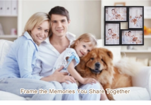 Detail of a matte black 4-opening collage photo frame for wall and tabletop display