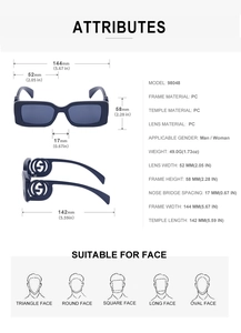 Detailed size specifications for square frame sunglasses with PC lens and frame