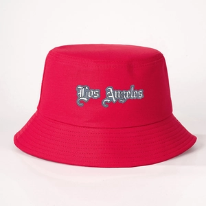 Red Los Angeles bucket hat in cotton canvas with Gothic lettering and reinforced brim