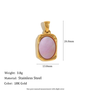 Detailed specs of 18K gold plated stainless steel square pendant with purple shell