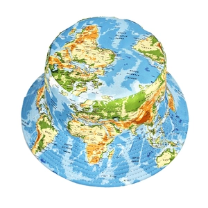 Summer bucket hat featuring a vintage world map print and durable ocean blue canvas fabric