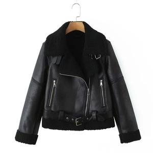 Women's black faux shearling moto jacket with lapel collar and belted waist detail
