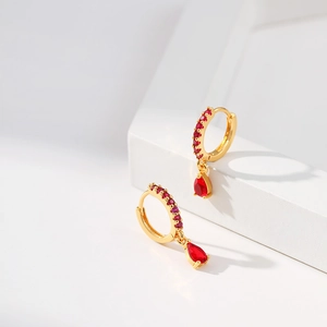 18K gold brass earrings featuring geometric red teardrop pendant and zircon accents